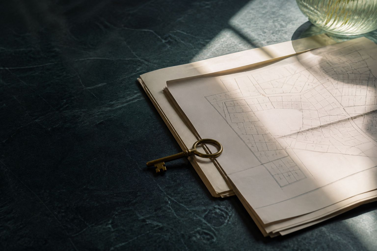 A property plan and key arranged on a dark blue desk