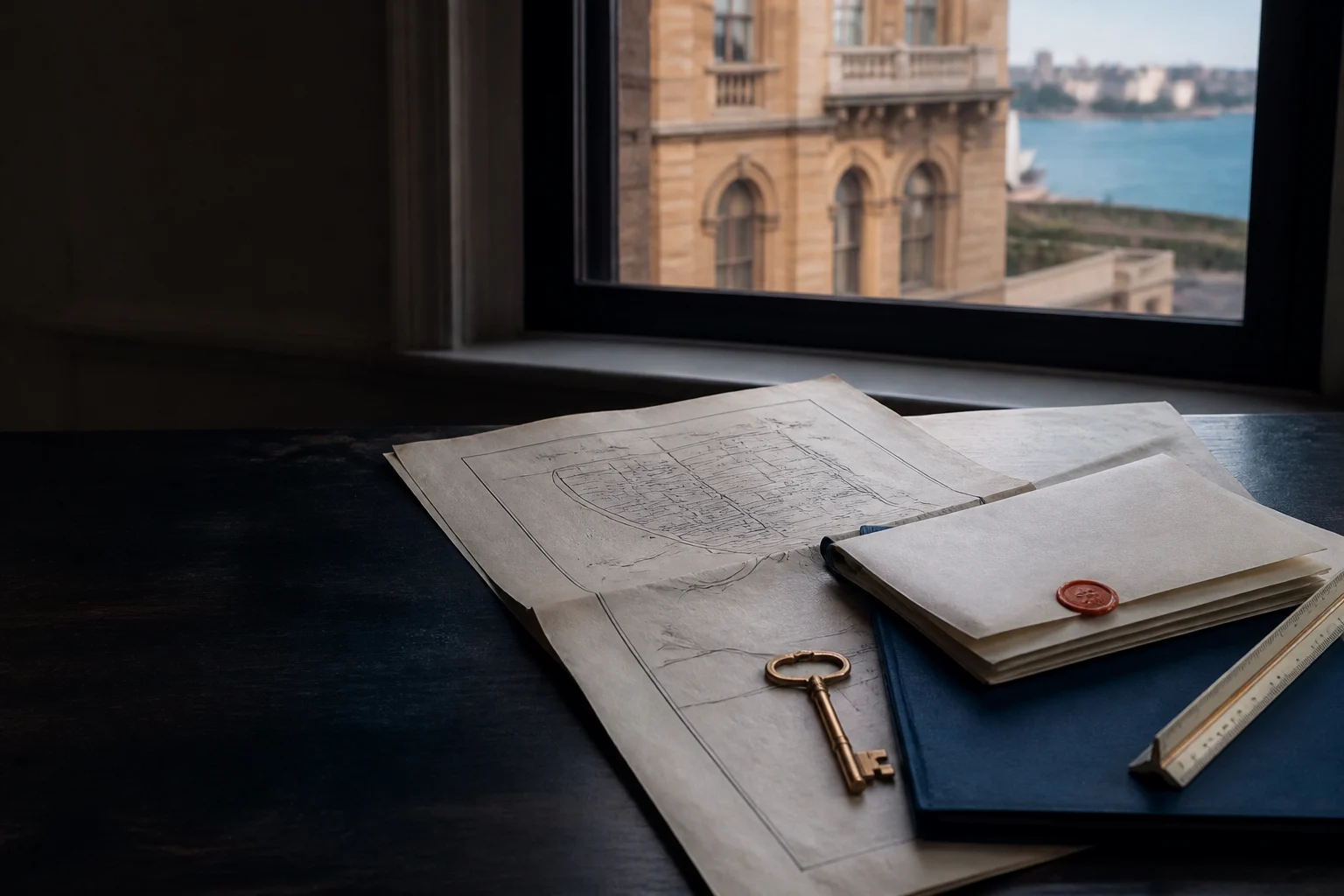 Property plans, a key and a document file overlooking Sydney Harbour