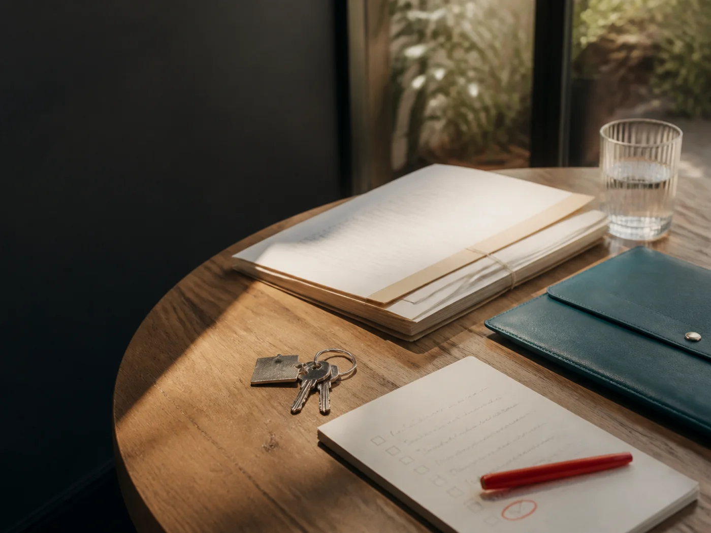 Commercial property contract papers, keys and a settlement checklist