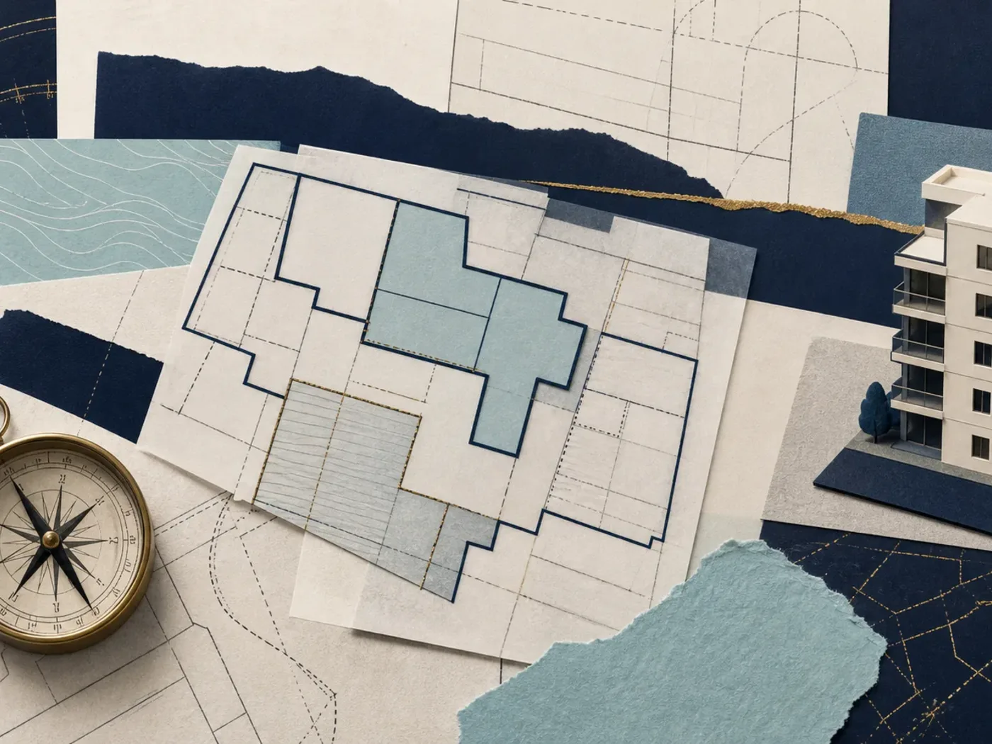 Architectural plans and a model building prepared for a commercial lease review