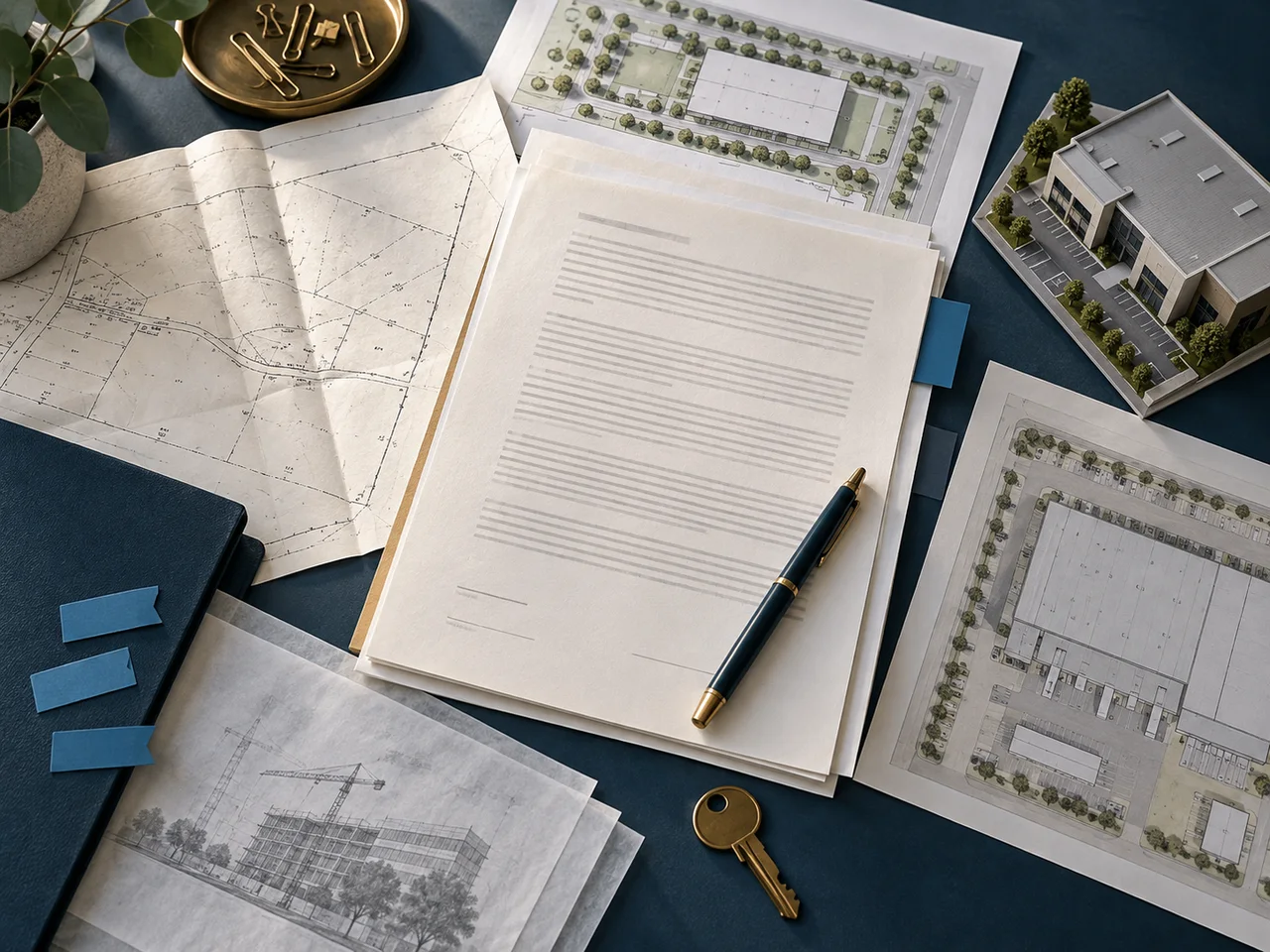 Commercial property title, lease and development papers arranged with a building model
