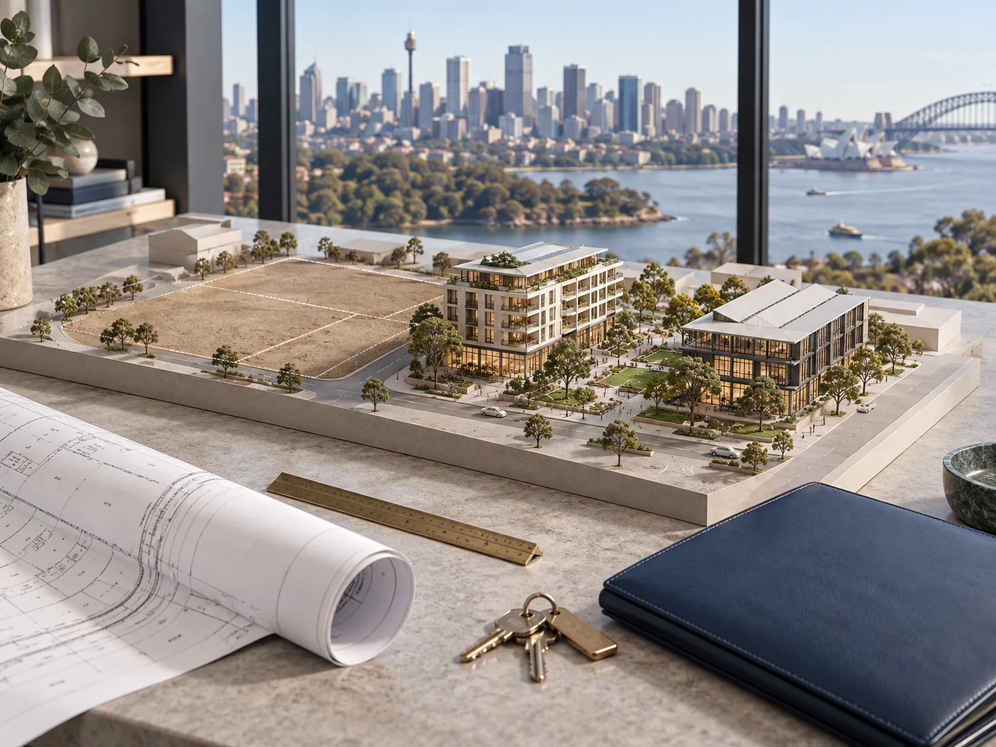 Architectural model of a staged Sydney development beside a survey plan, keys and blue project folio