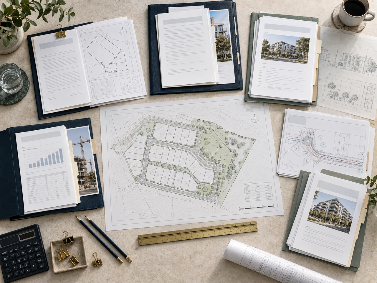 Aerial development site plan surrounded by acquisition, agreement, planning, finance, subdivision and project sales document sets