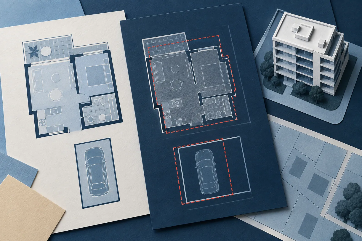 Illustration comparing apartment and car-space outlines against a strata plan