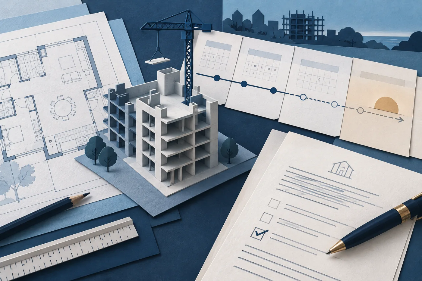 Illustration of an unfinished apartment model, architectural plans and an extended timeline