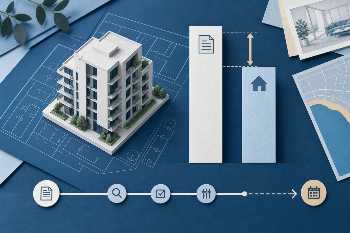 Illustration comparing contract and valuation bars beside an off-the-plan apartment model