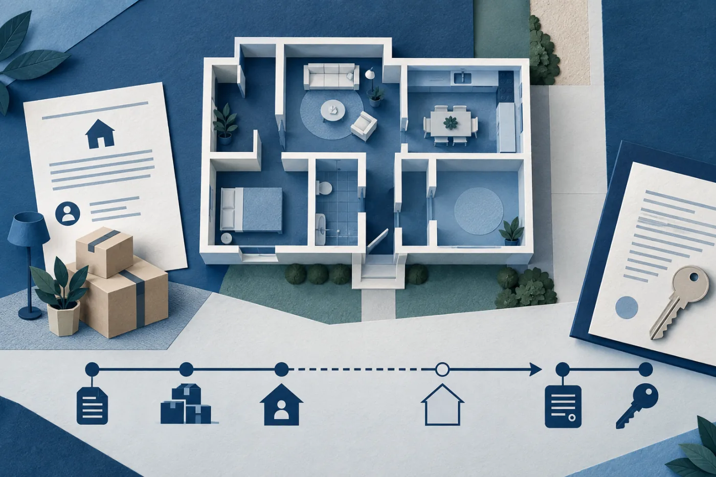 Illustration of a tenancy, moving boxes and occupancy timeline before vacant possession