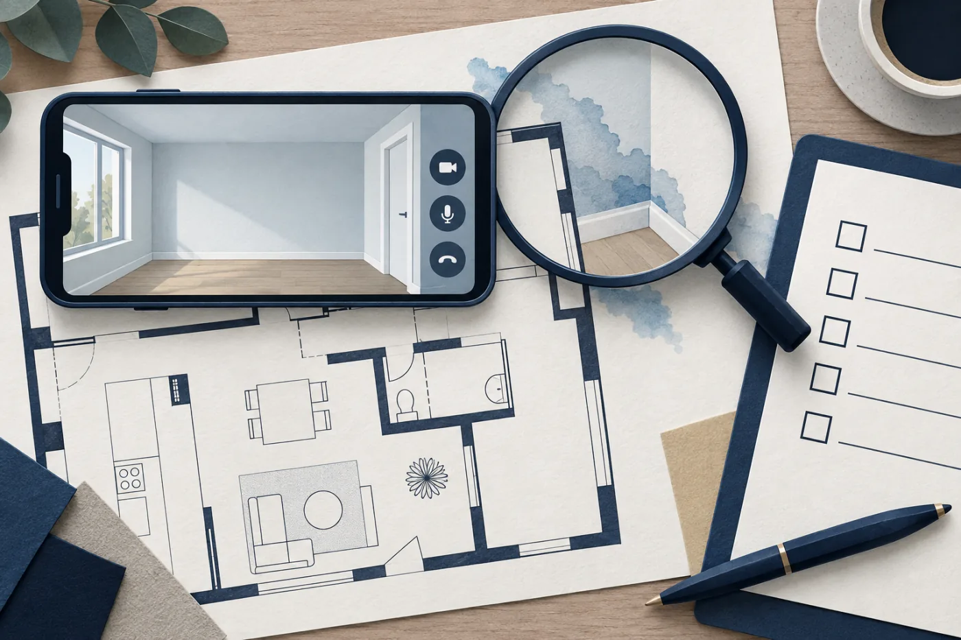 Illustration of a video inspection and magnifier revealing water damage outside the camera view