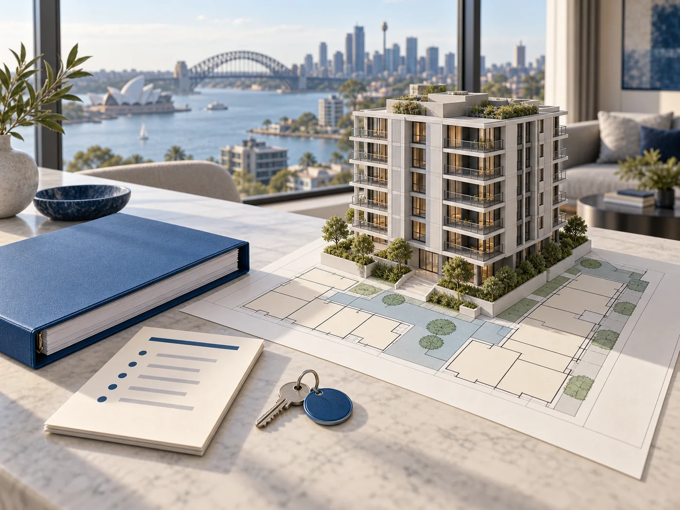 Model apartment building on a strata plan with a by-law folder, meeting paper and keys