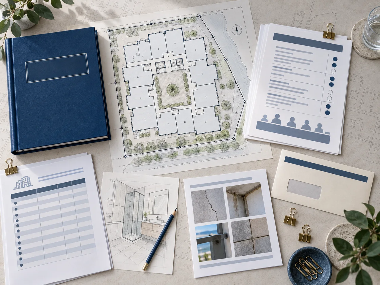 Strata plan, by-law register, meeting papers, levy schedule, renovation drawing, defect photographs and notice envelope