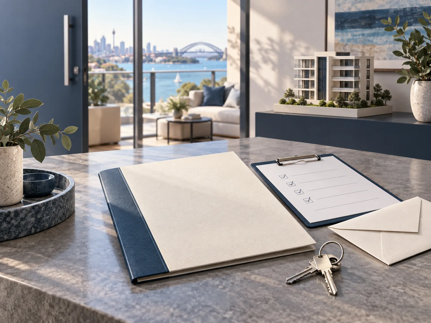 Residential tenancy agreement folder, condition report, notice envelope and keys in a Sydney apartment